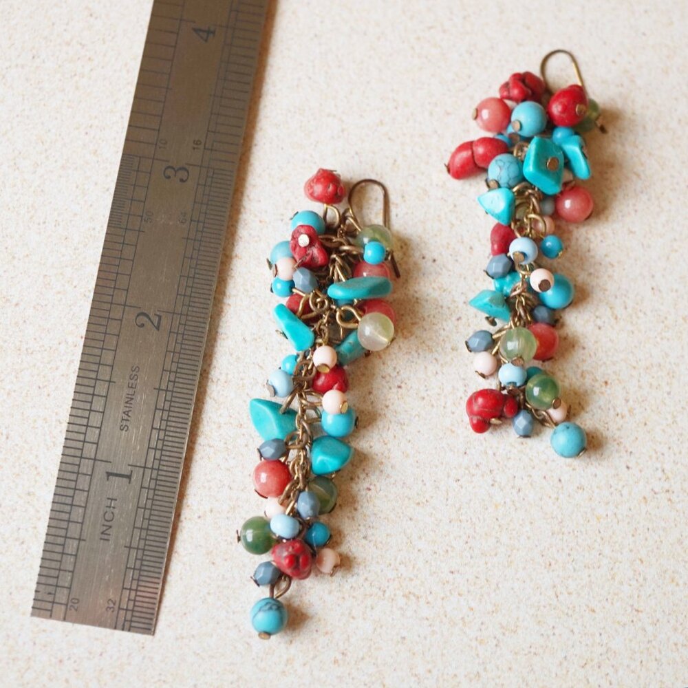 Vintage Boho Turquoise Coral Bead Cluster Earrings - Picture 3 of 3